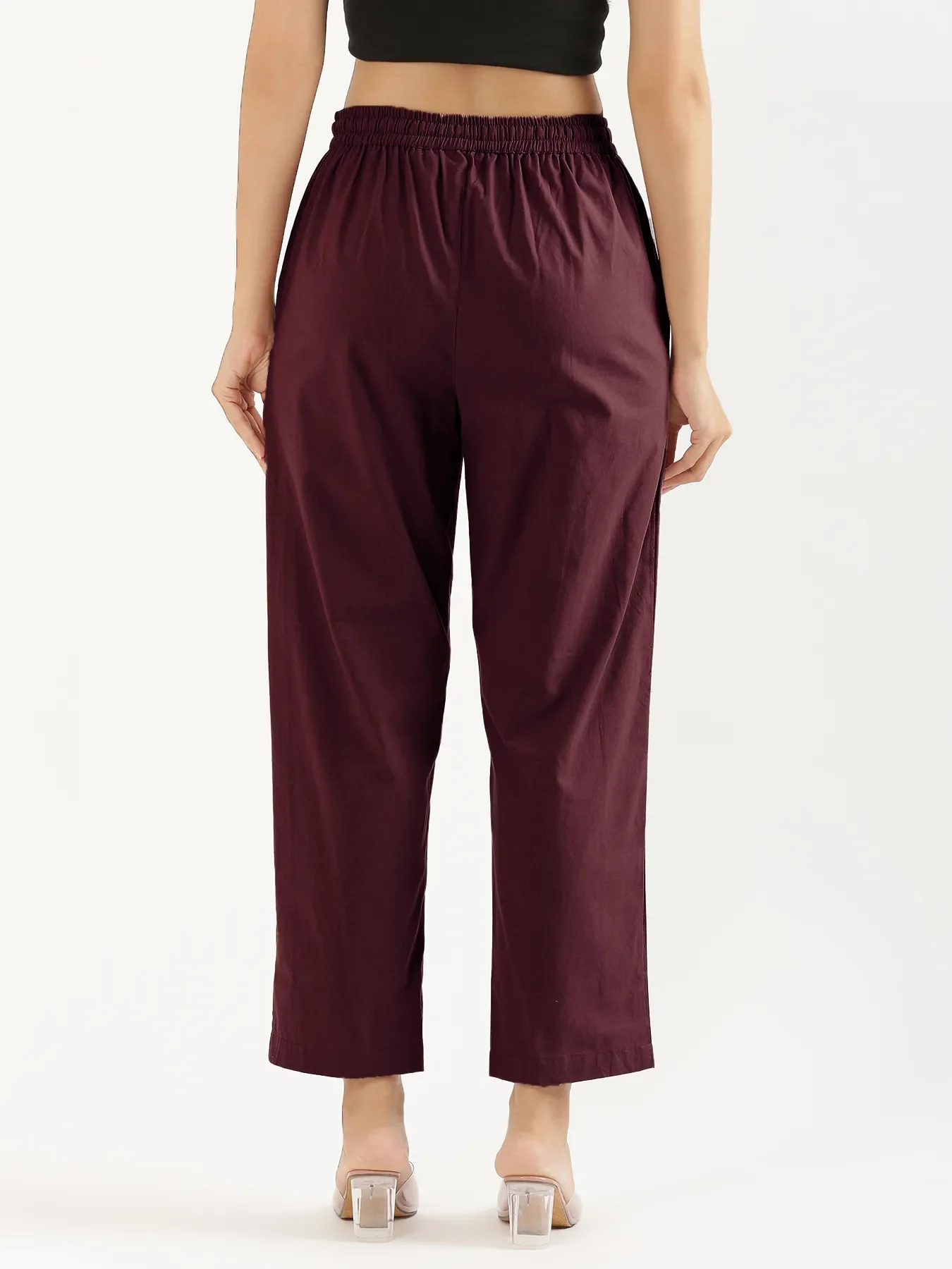 Women Wine Cotton Straight Pant - Image 9