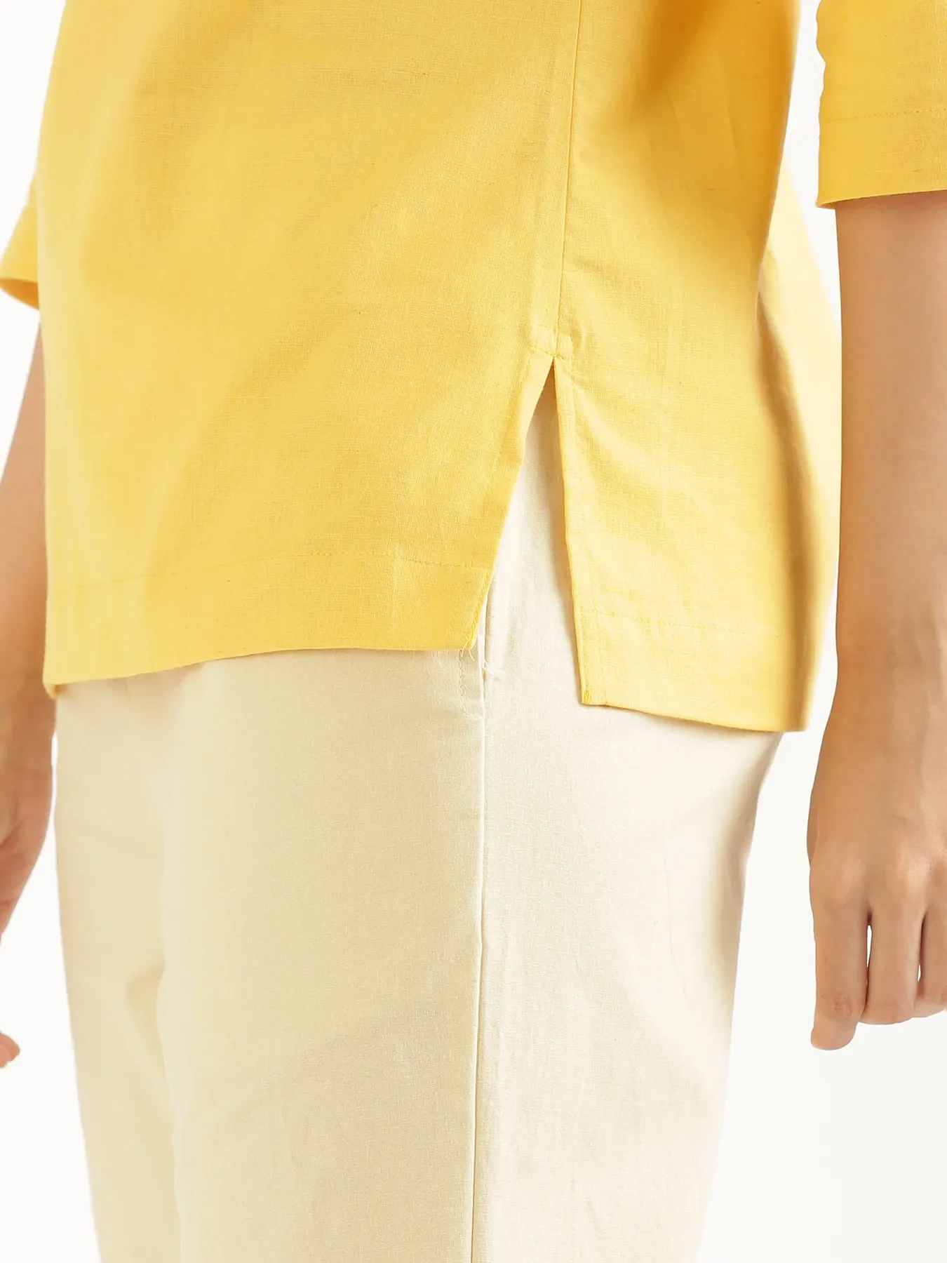 Women Yellow Airy Linen Split Neck Short Kurta - Image 8