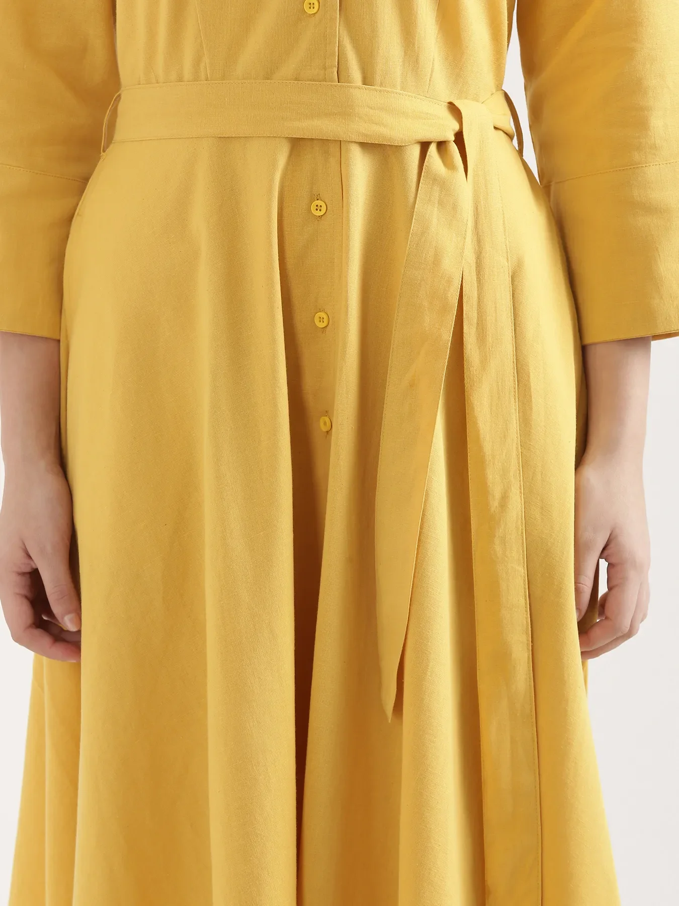 Women Yellow Airy Linen Flared Dress - Image 11