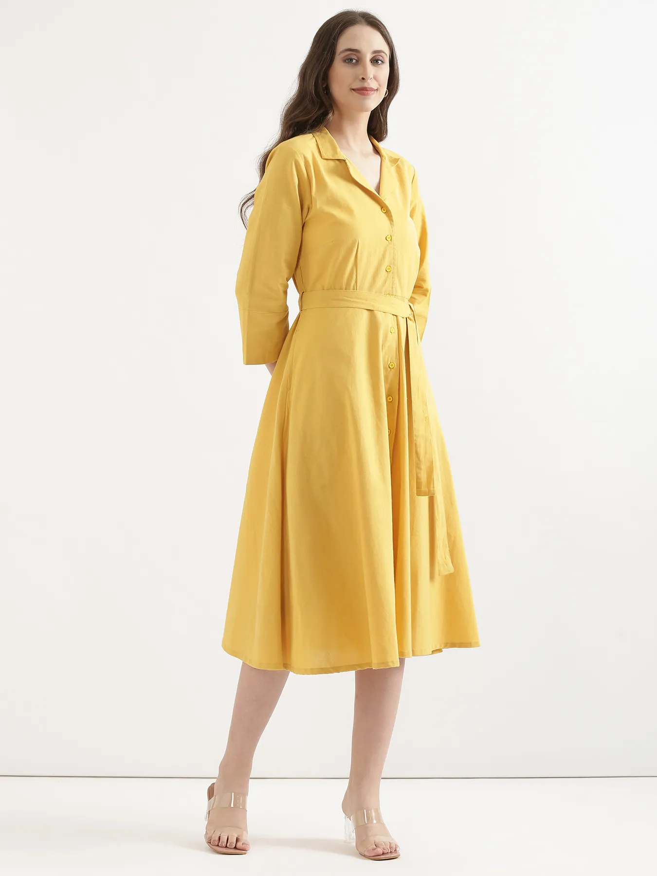 Women Yellow Airy Linen Flared Dress - Image 4