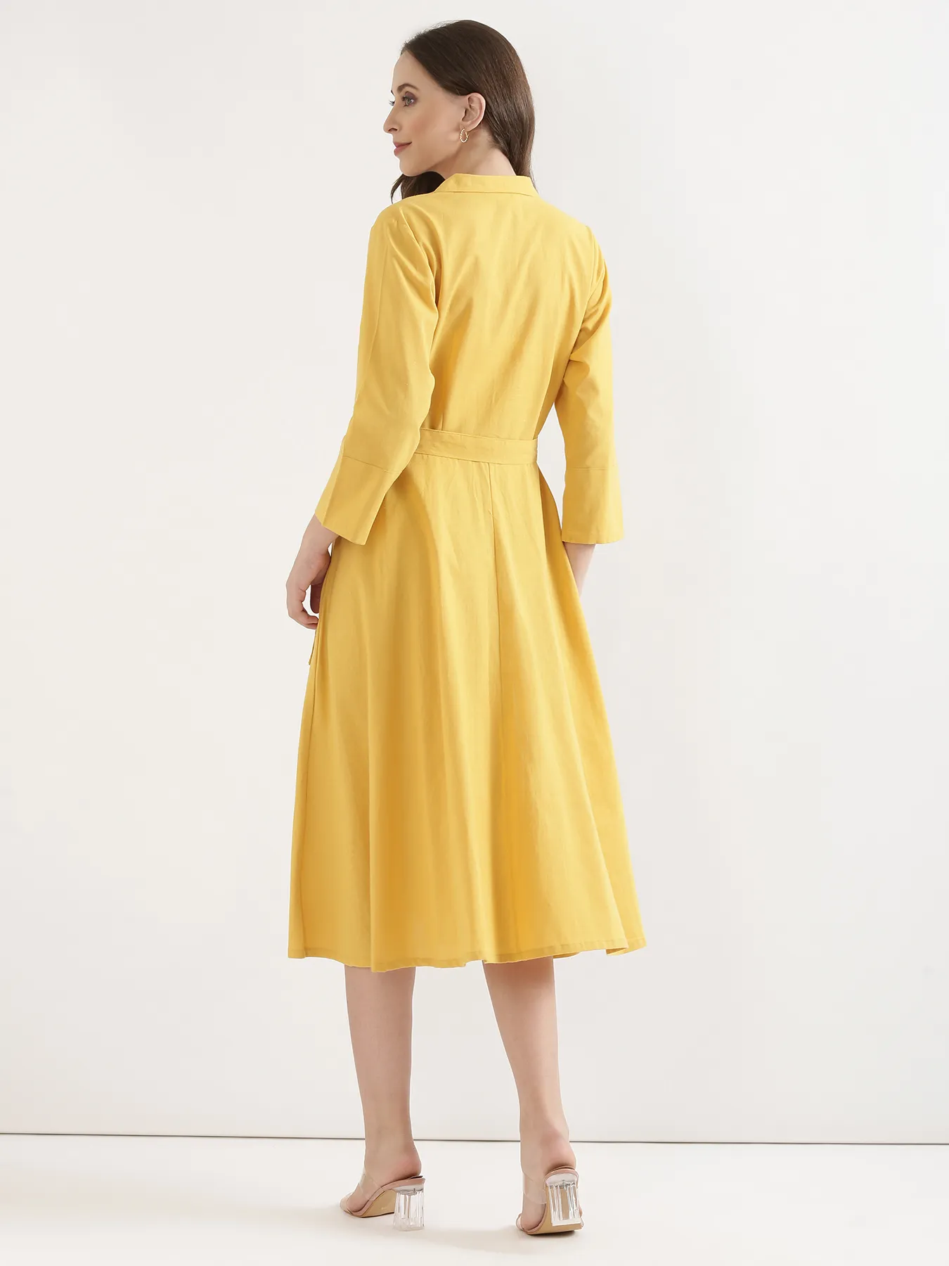 Women Yellow Airy Linen Flared Dress - Image 5