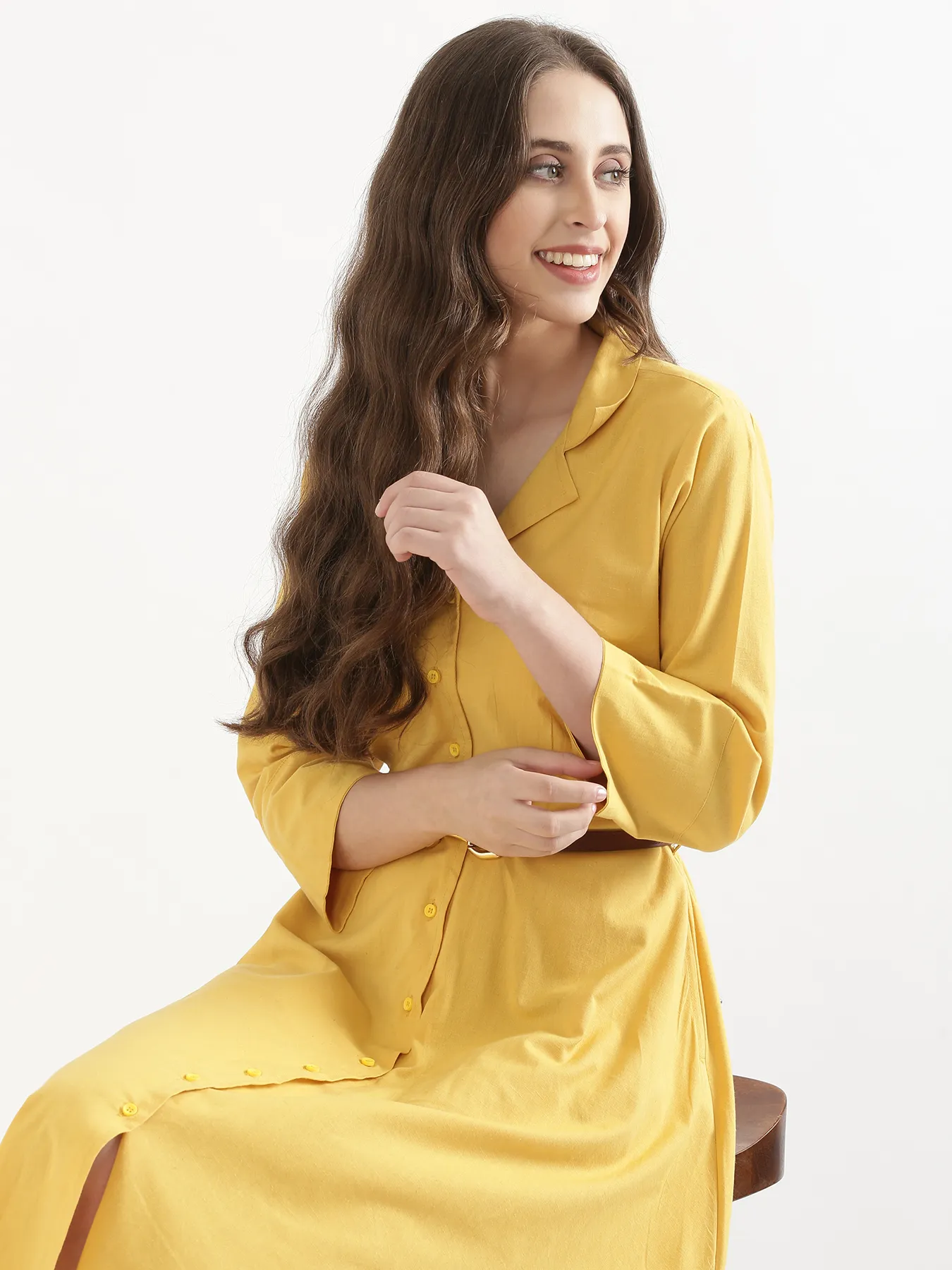 Women Yellow Airy Linen Flared Dress - Image 6