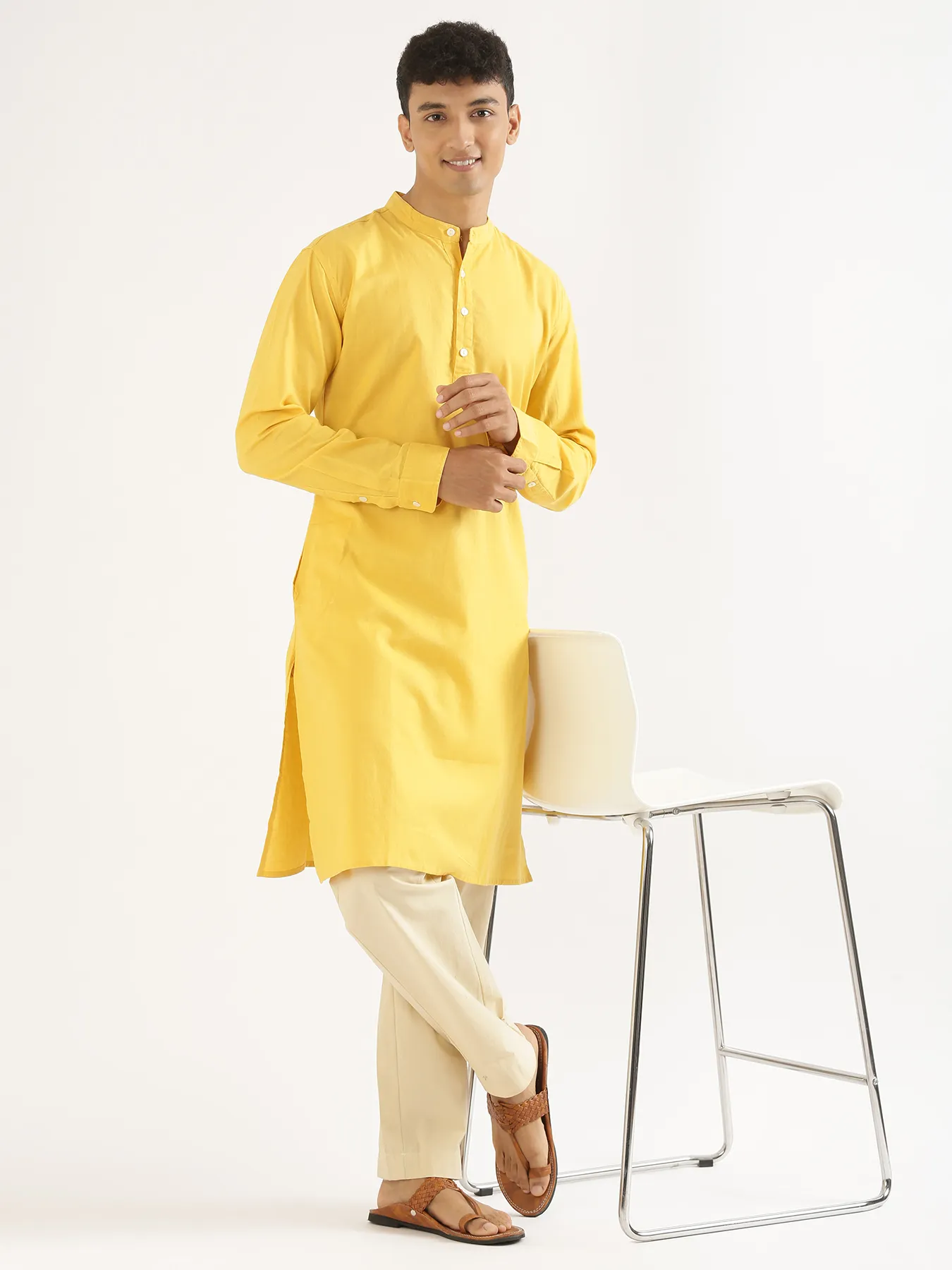 Men Yellow Airy Linen Long Kurta - Image 10