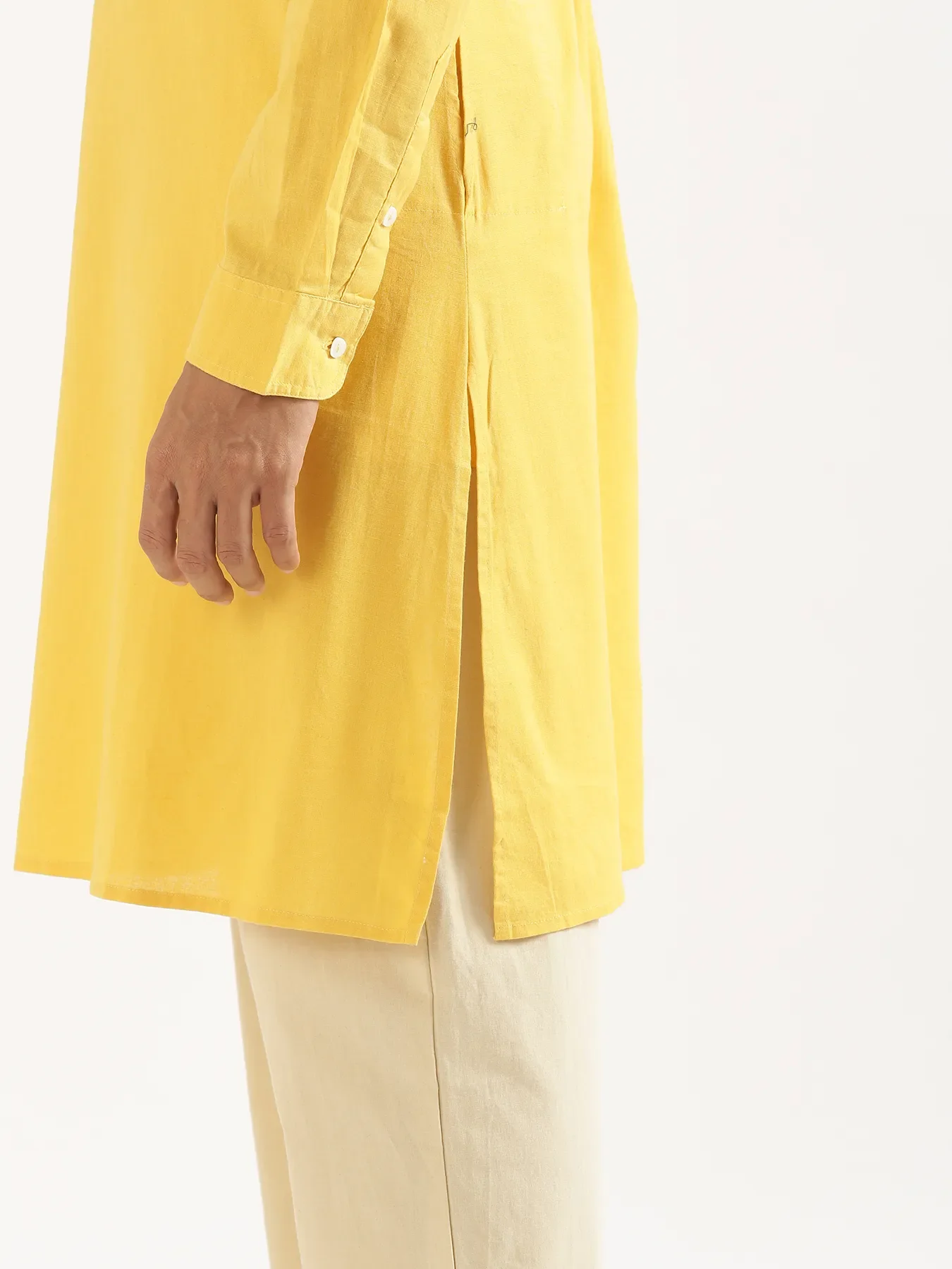 Men Yellow Airy Linen Long Kurta - Image 13
