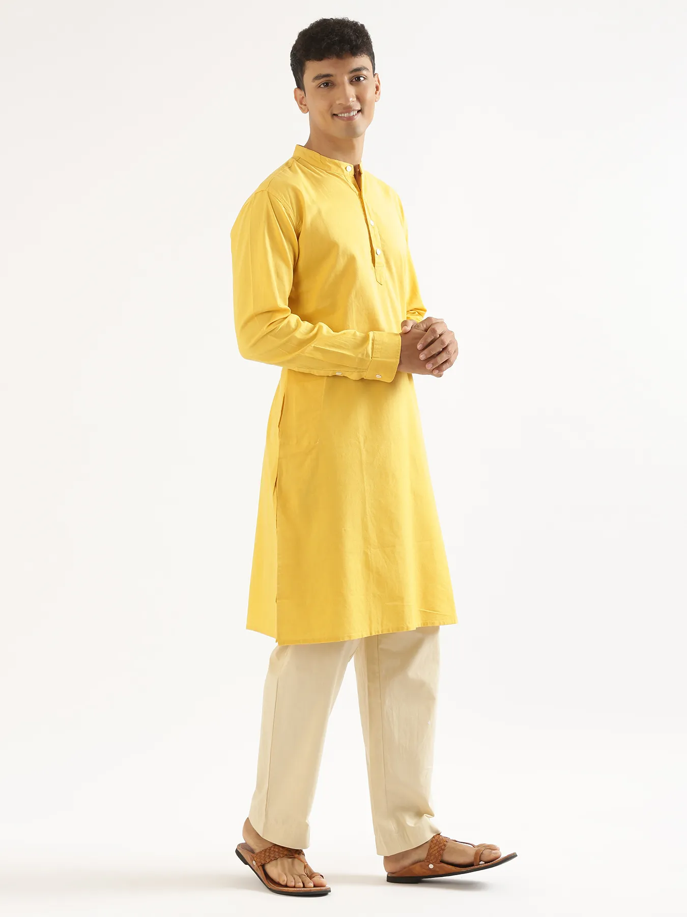 Men Yellow Airy Linen Long Kurta - Image 4