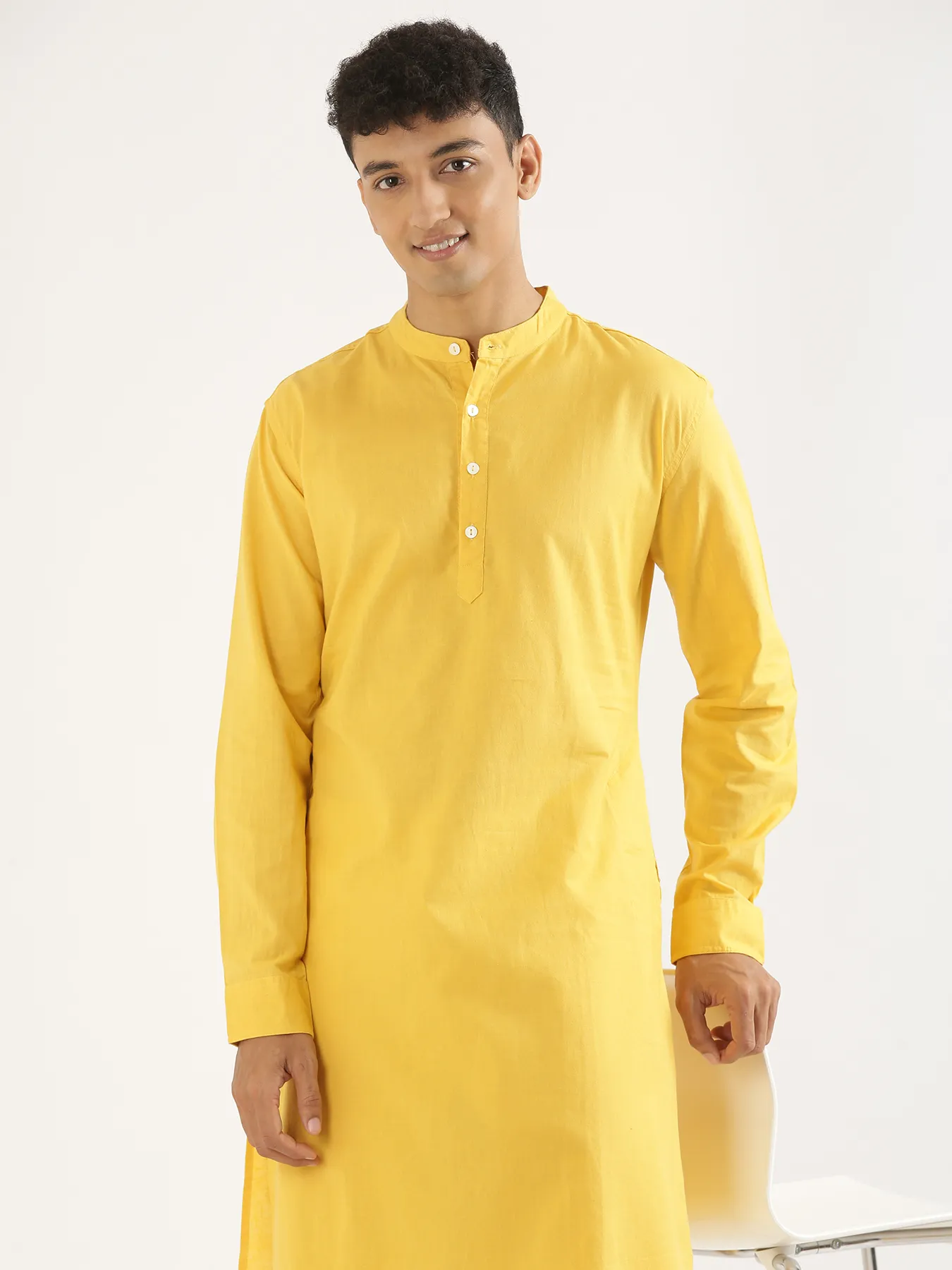 Men Yellow Airy Linen Long Kurta - Image 5