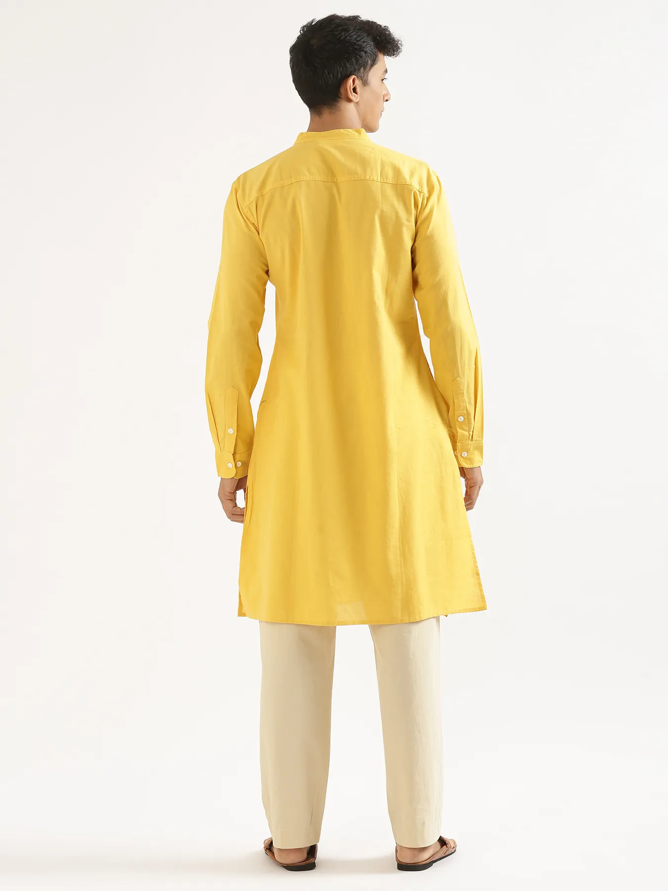 Men Yellow Airy Linen Long Kurta - Image 8