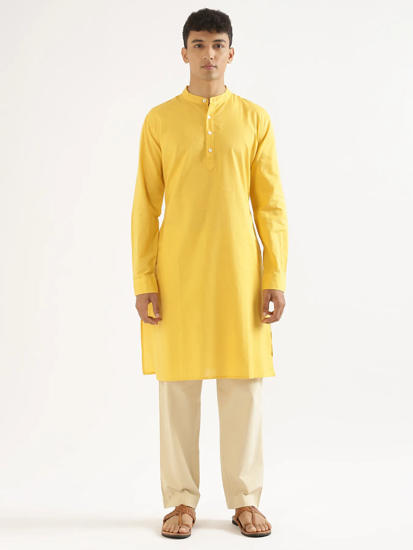 Men Yellow Airy Linen Long Kurta - Image 9