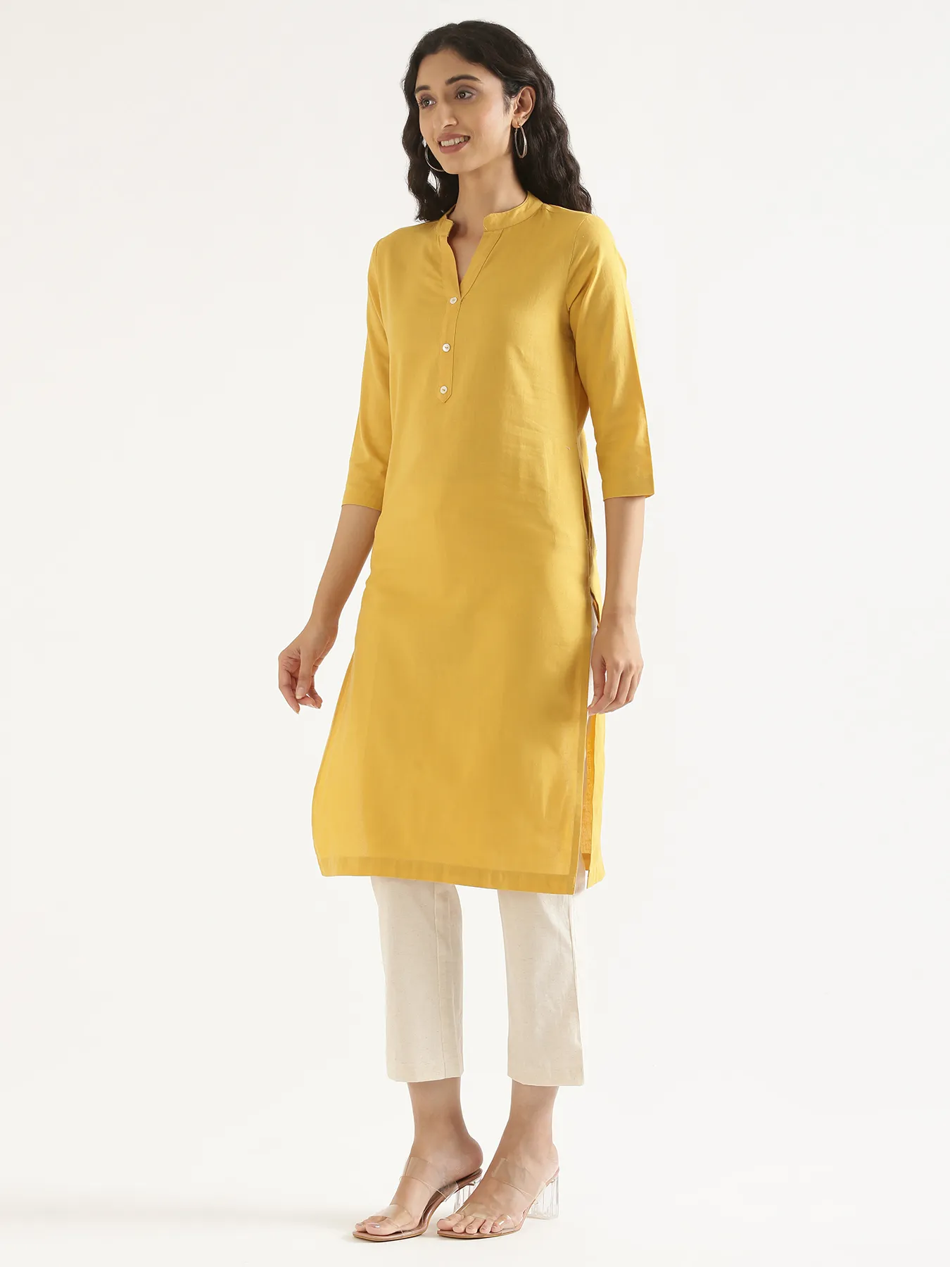 Women Yellow Airy Linen Long Kurta - Image 10