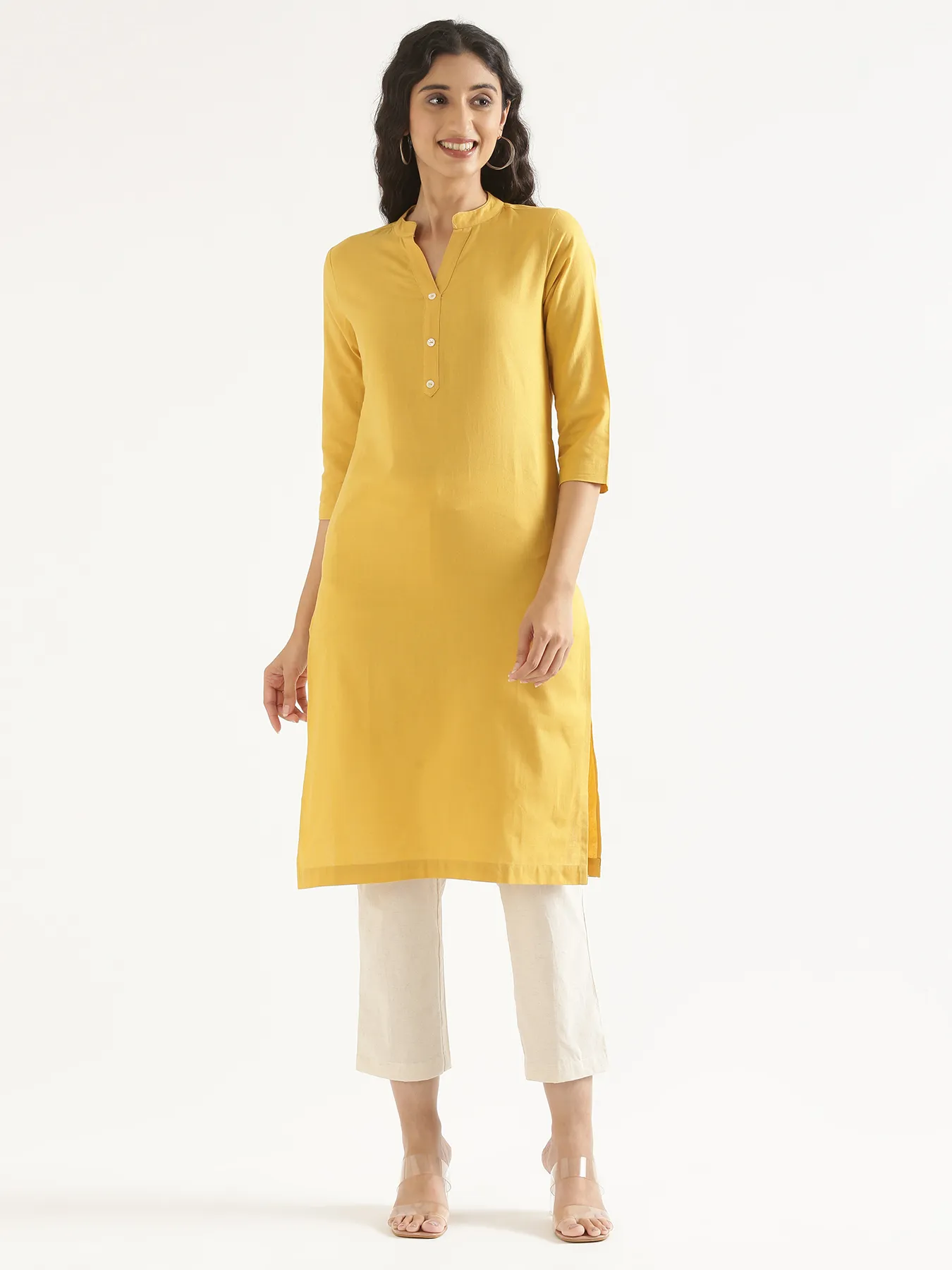 Women Yellow Airy Linen Long Kurta - Image 3