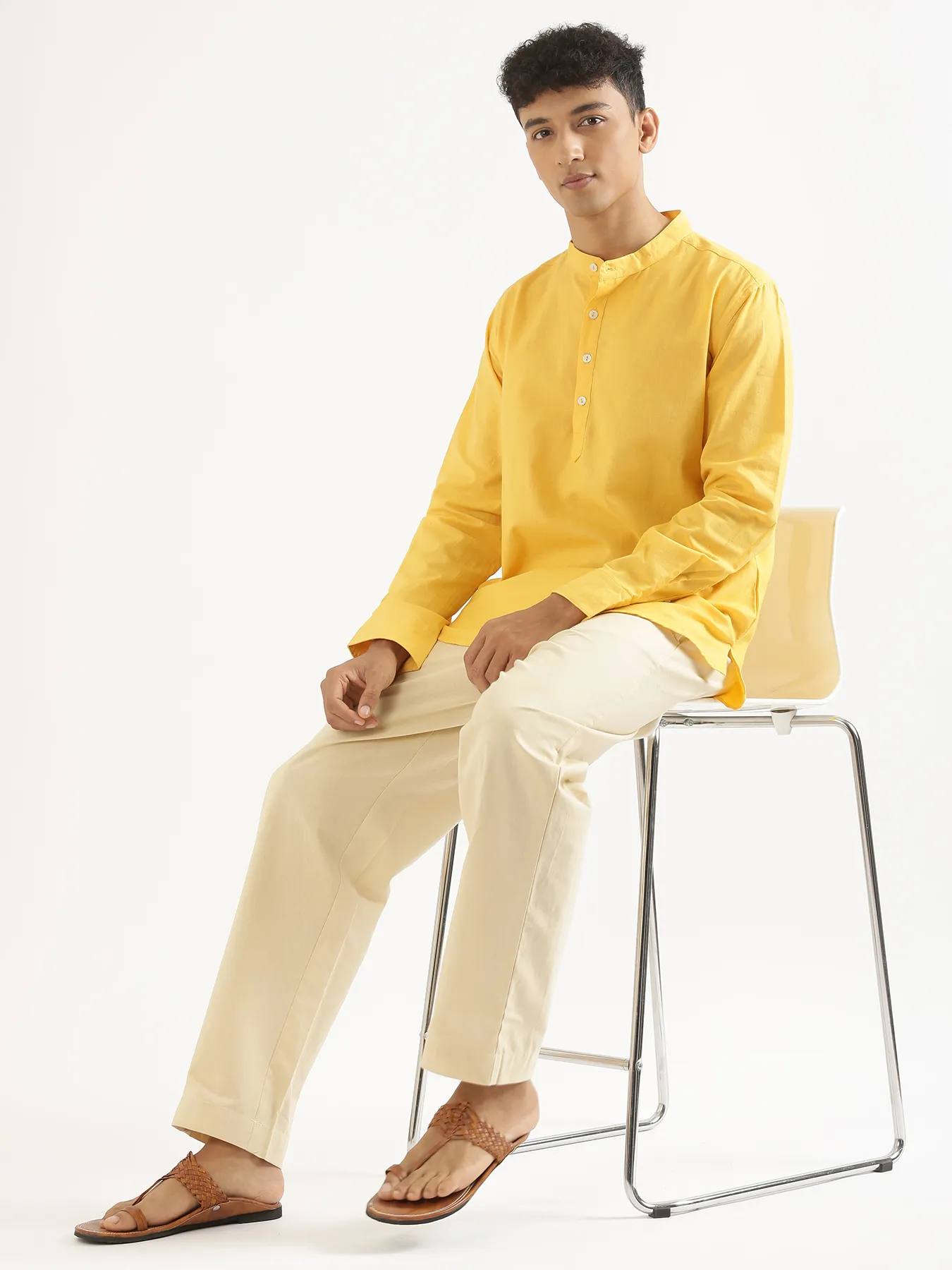 Men Yellow Airy Linen Short Kurta - Image 11