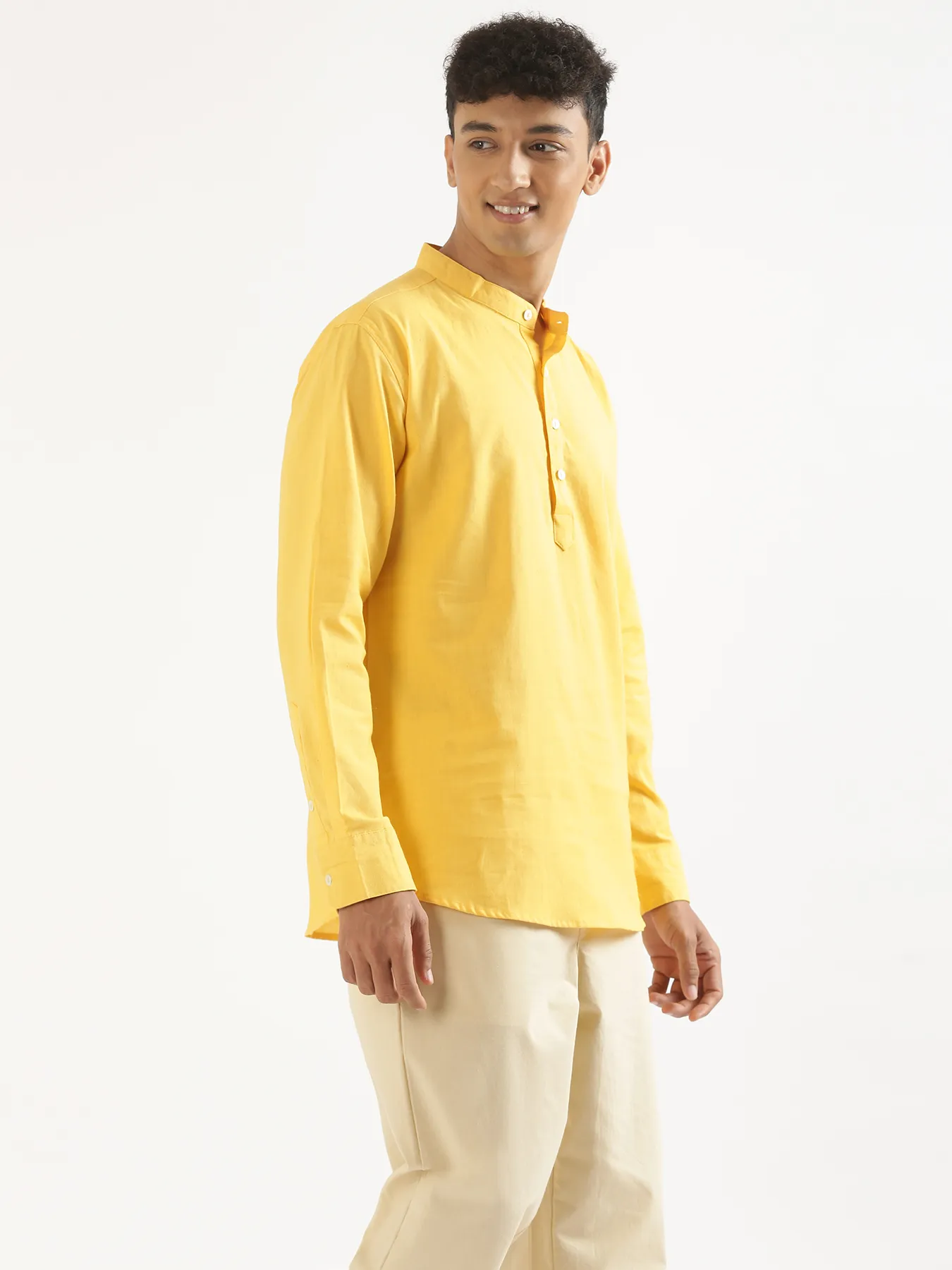 Men Yellow Airy Linen Short Kurta - Image 9