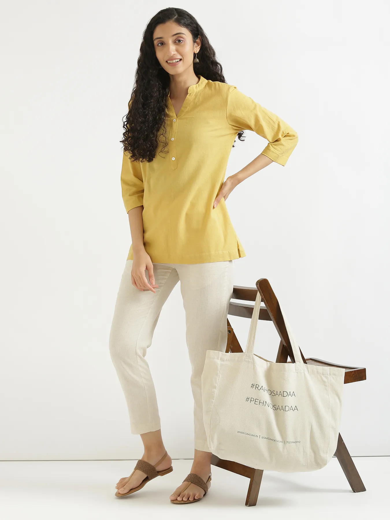 Women Yellow Airy Linen Short Kurta - Image 10