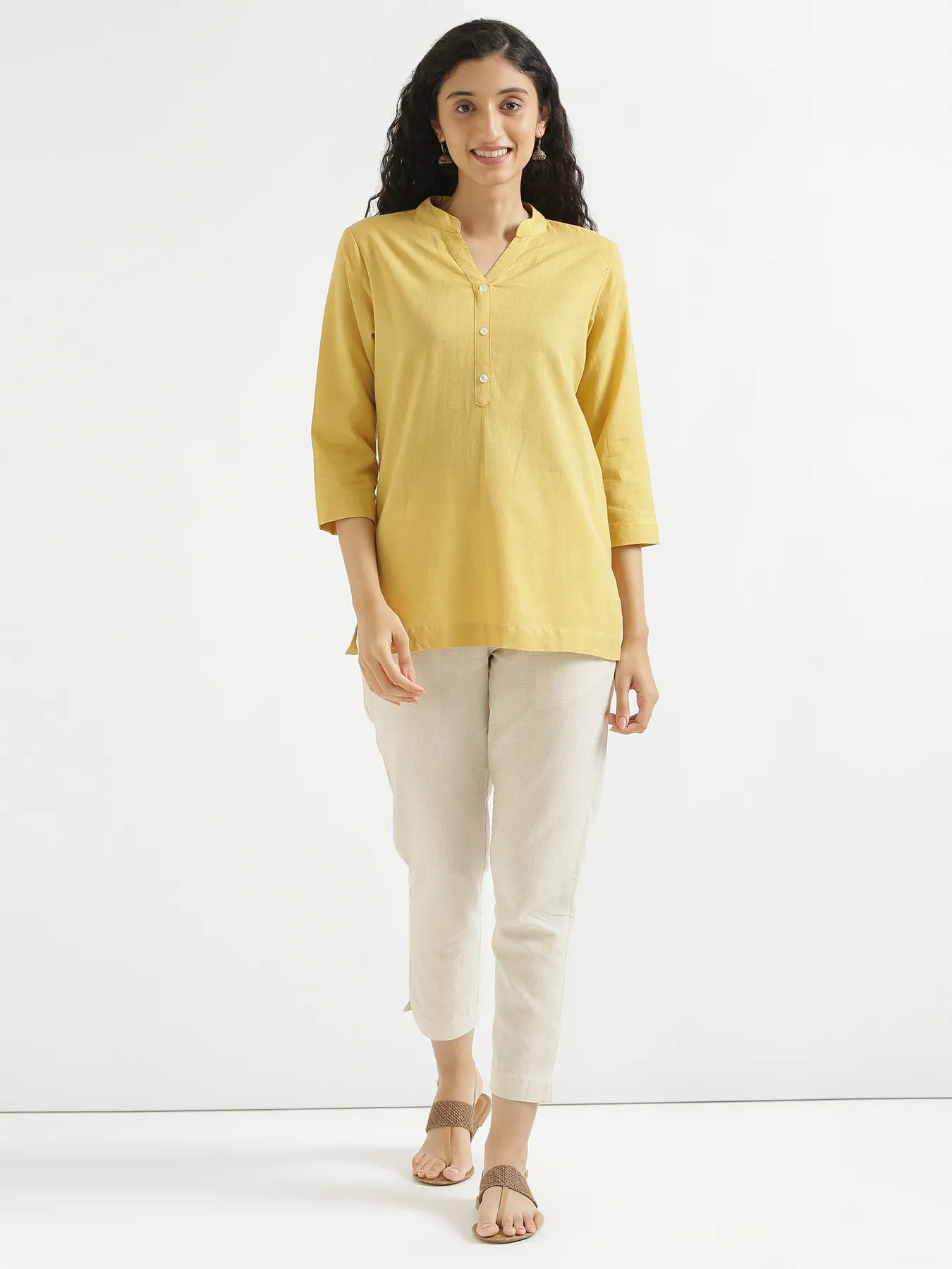 Women Yellow Airy Linen Short Kurta - Image 8