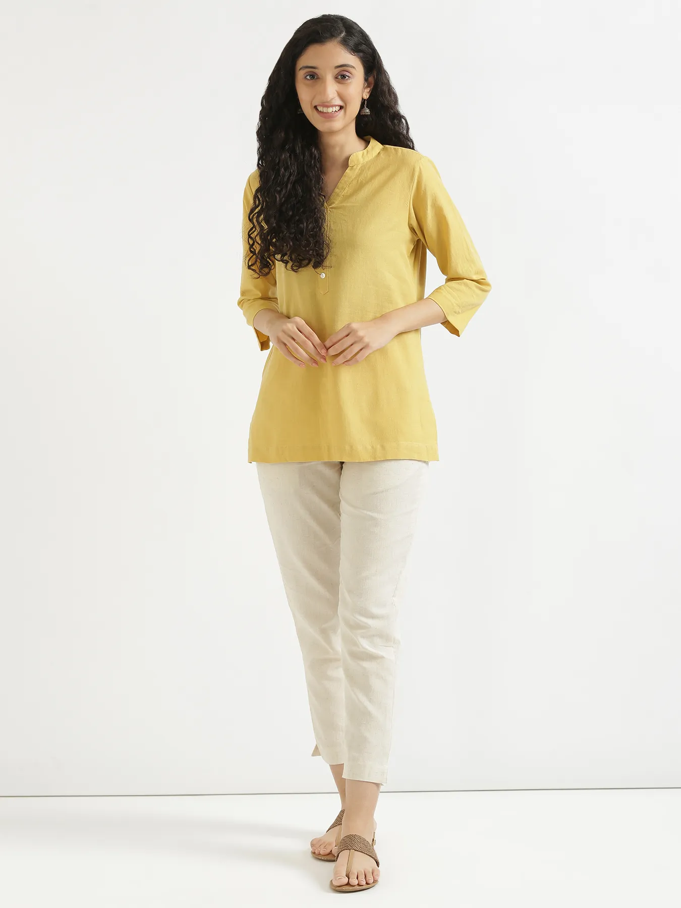 Women Yellow Airy Linen Short Kurta - Image 9