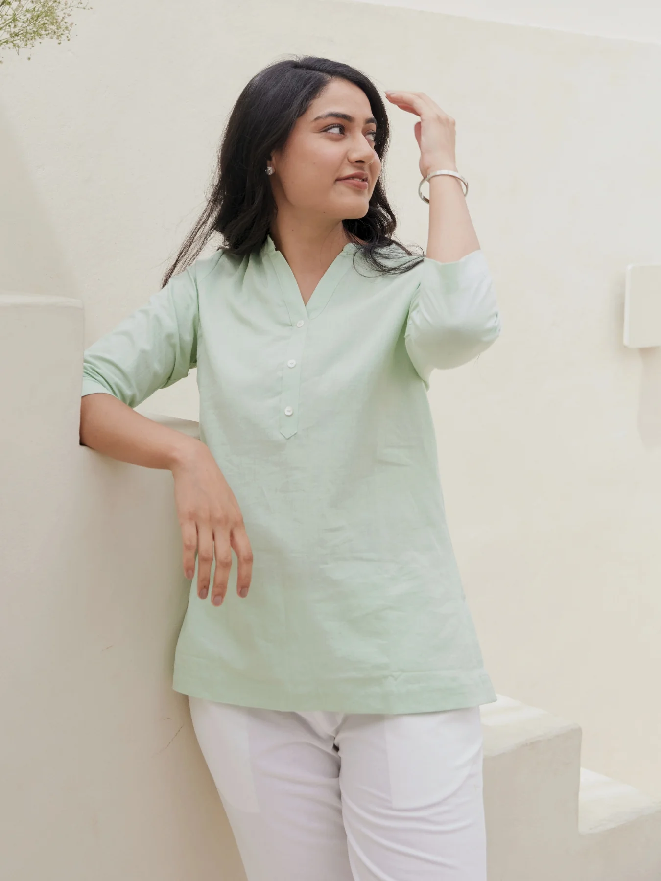 Women Mint Green & Ecru Short Kurta - Image 4